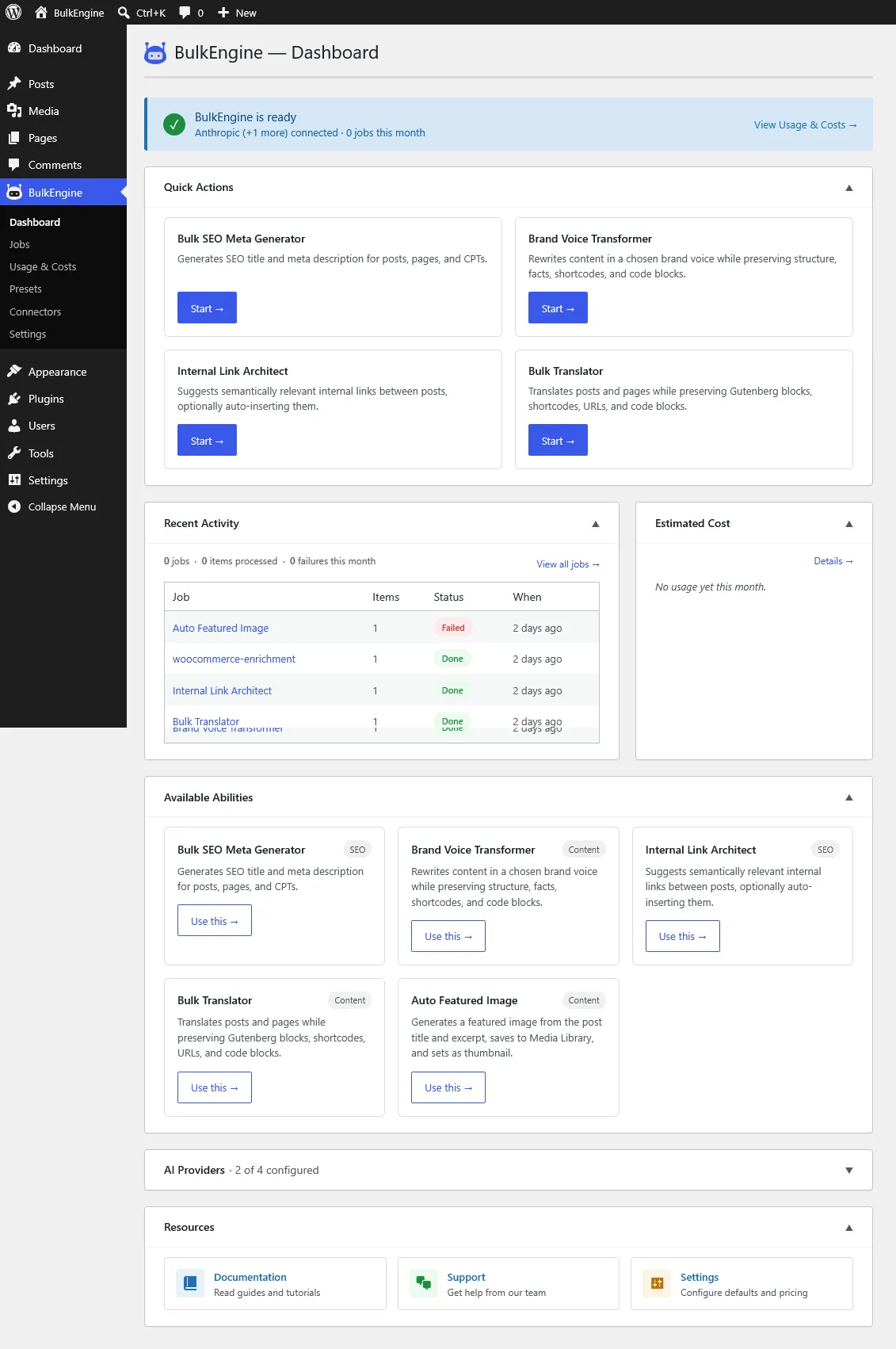BulkEngine Dashboard — provider status, recent activity, cost-this-month
