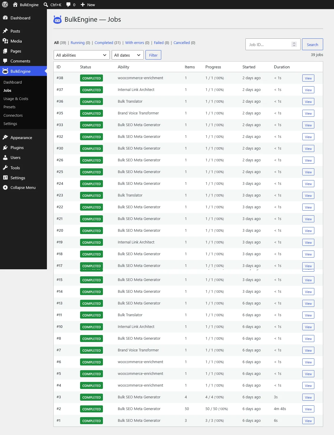 Jobs page — per-item activity log with Change Report and Rollback