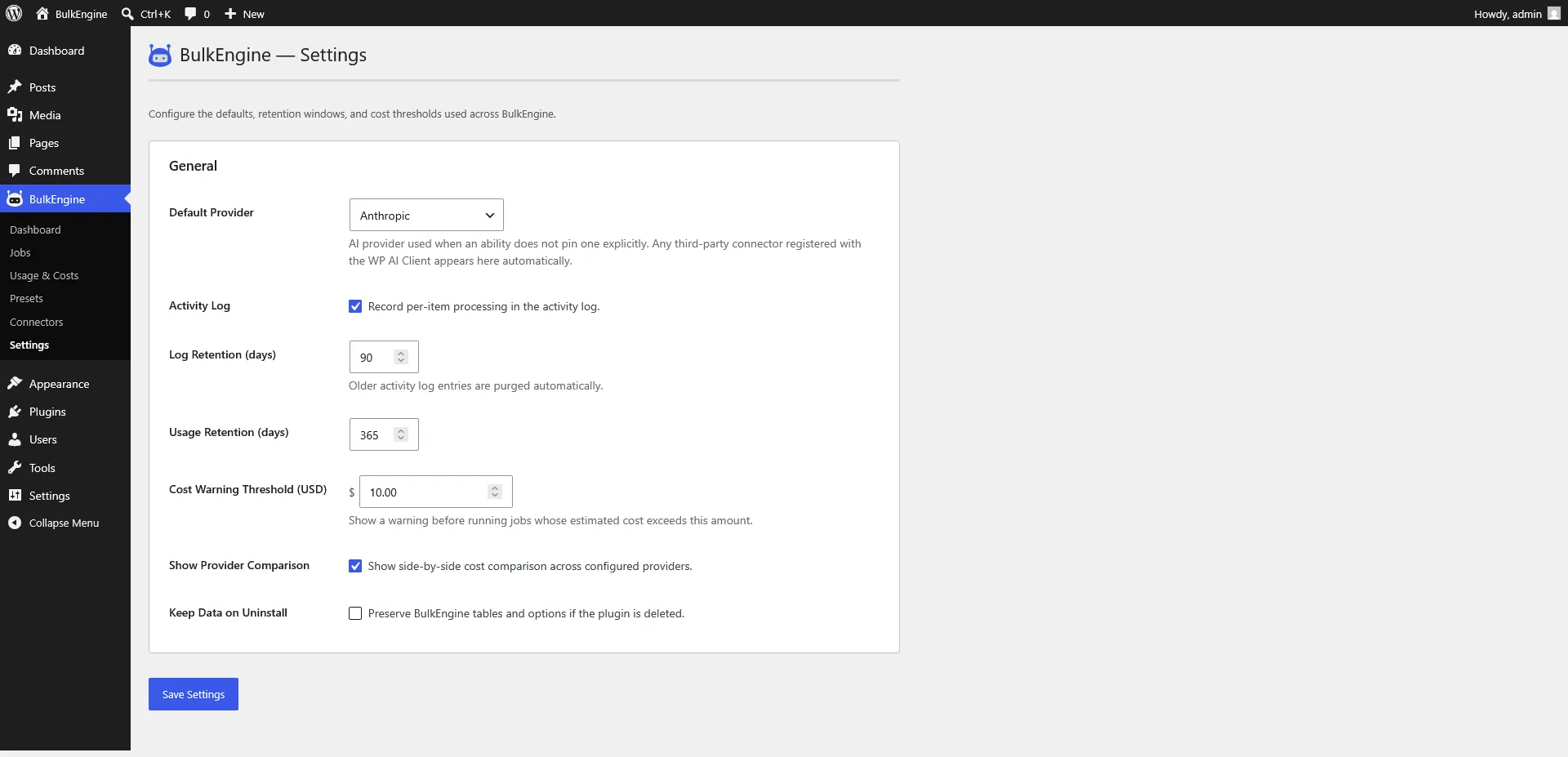 Settings — default provider, retention windows, cost thresholds